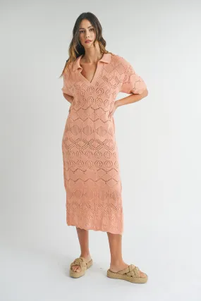 Mable Peach Crochet Sweater Collared Midi Dress