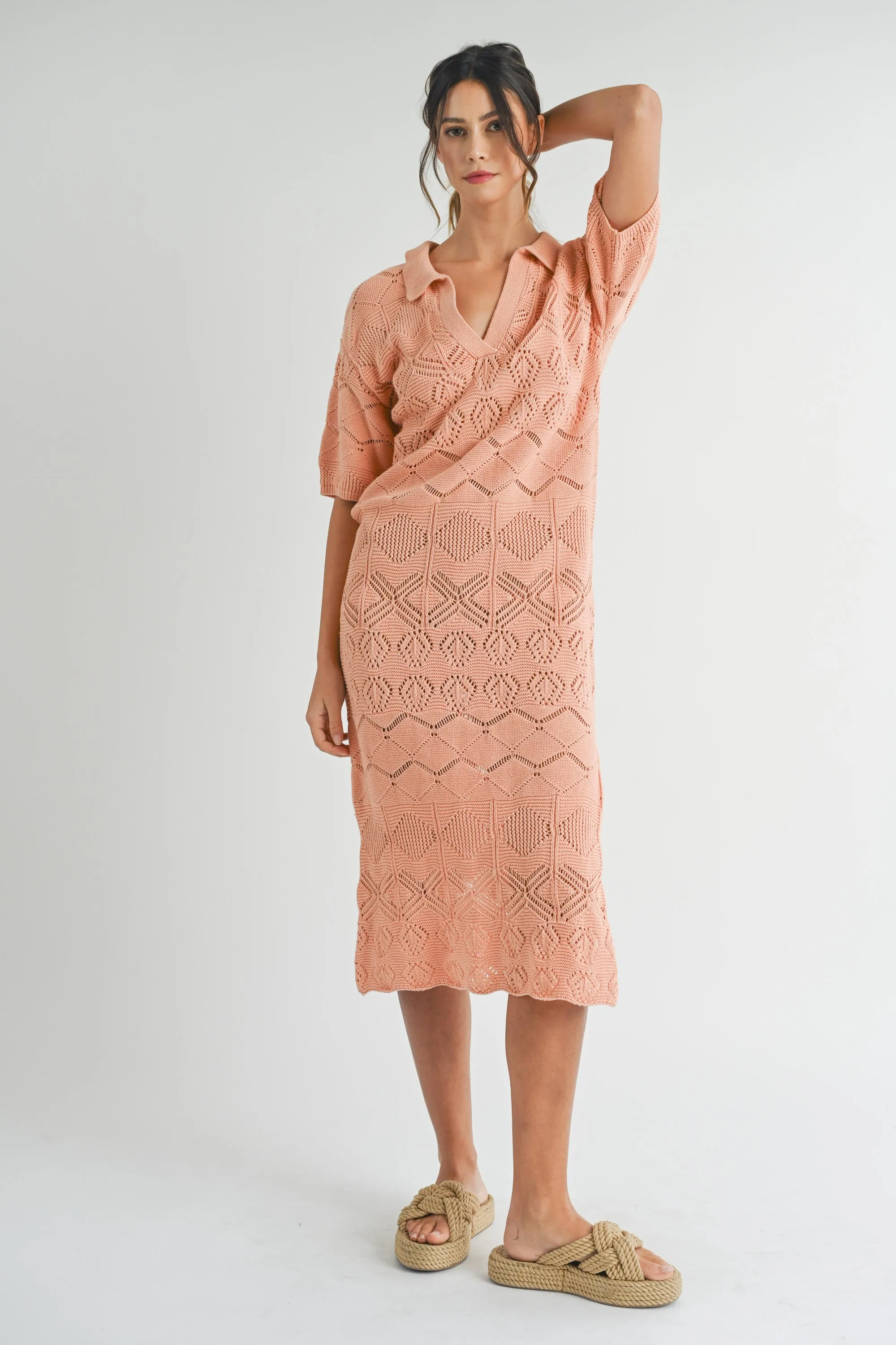 Mable Peach Crochet Sweater Collared Midi Dress