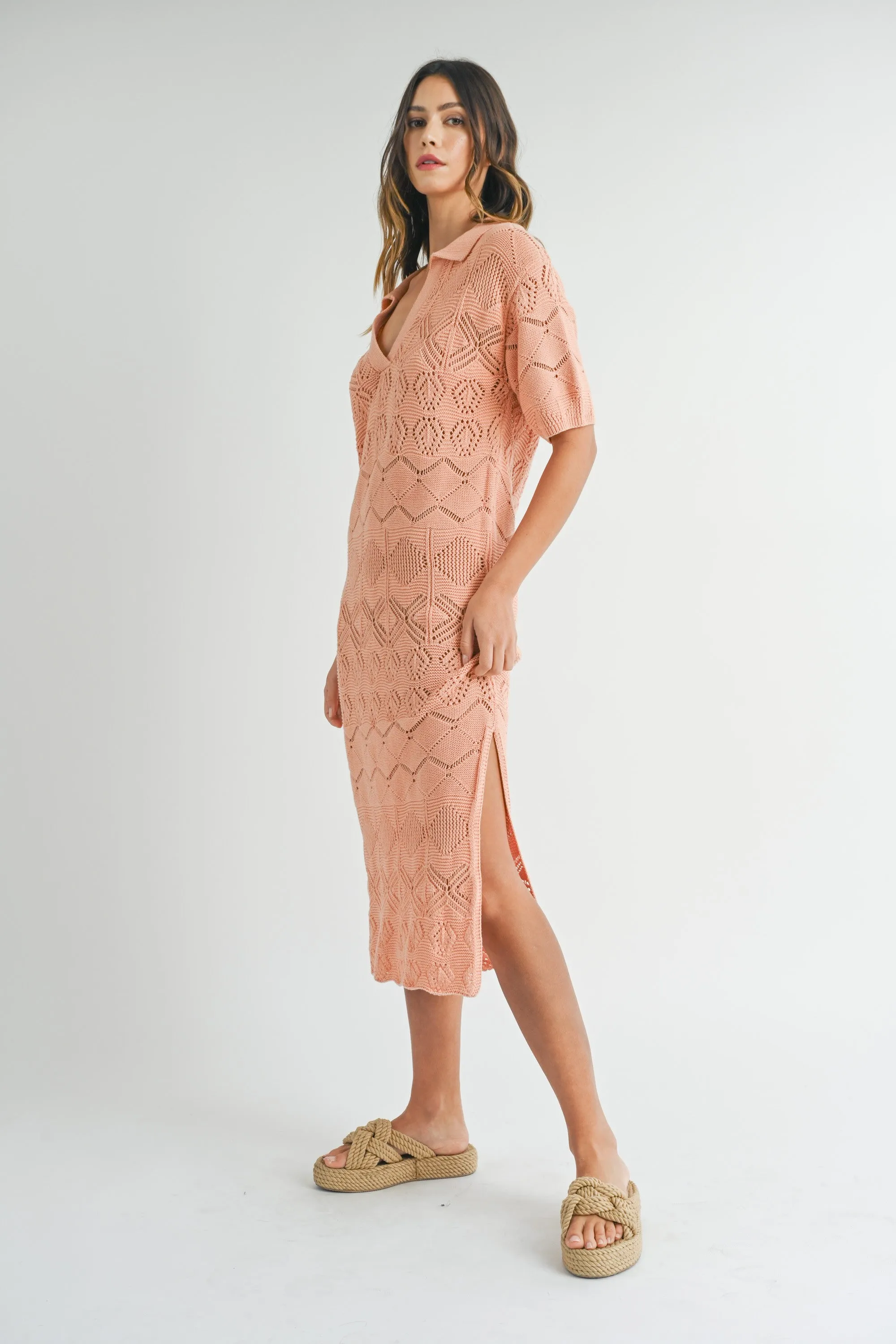 Mable Peach Crochet Sweater Collared Midi Dress