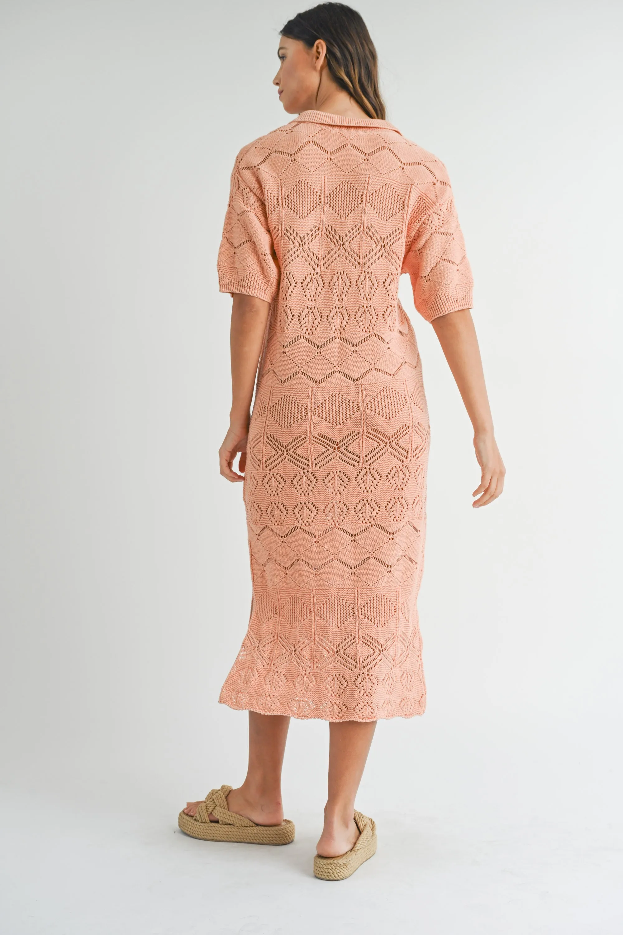 Mable Peach Crochet Sweater Collared Midi Dress