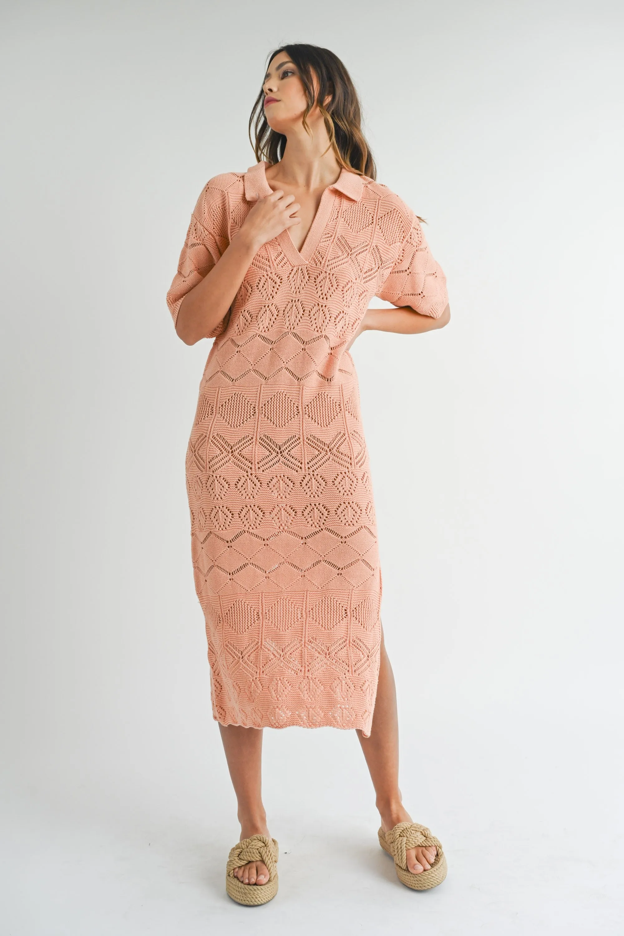 Mable Peach Crochet Sweater Collared Midi Dress