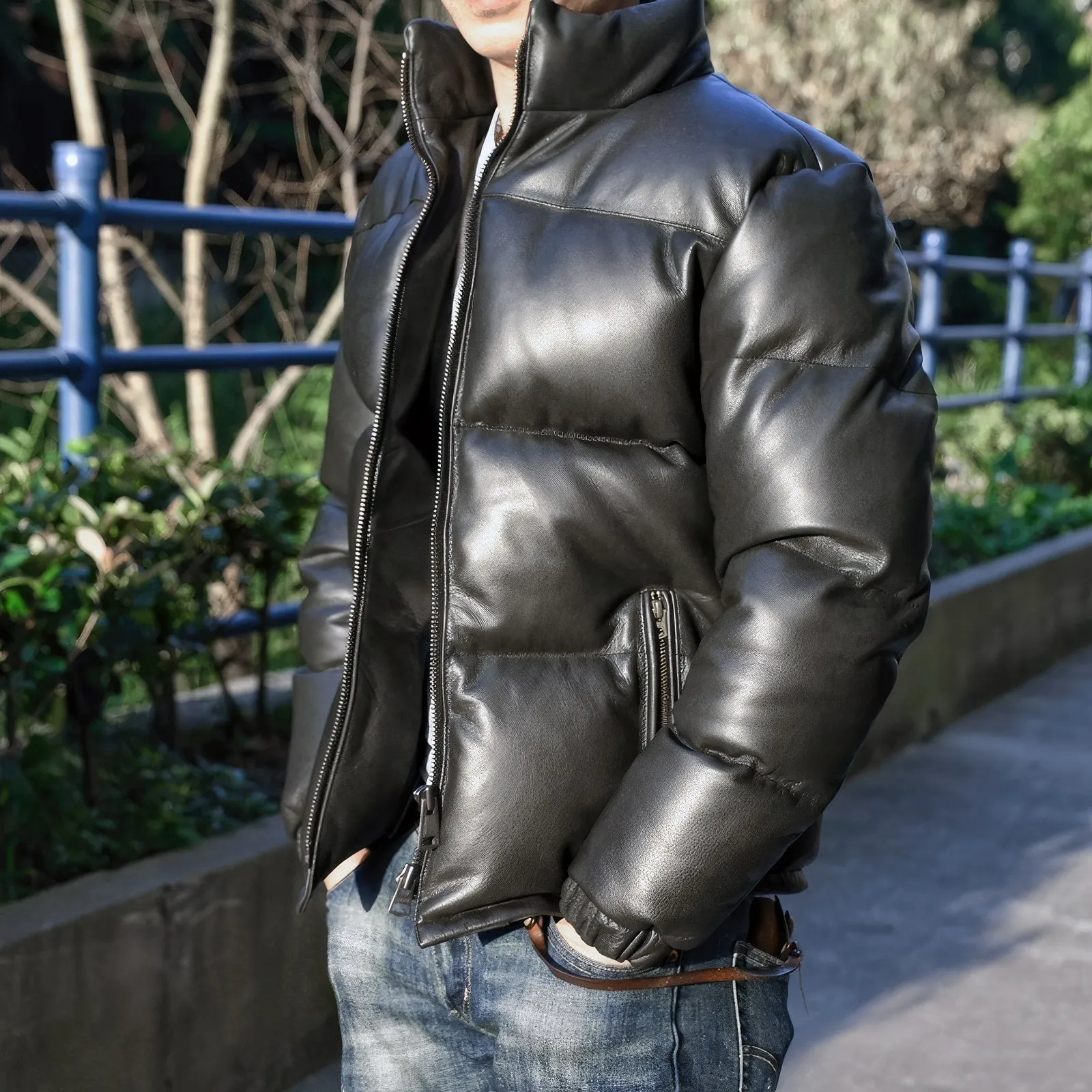 Men’s Black Genuine Sheepskin Stand Collar Baggy Outerwear Winter Warm Thick Insulated Casual Padded Puffer Leather Jacket