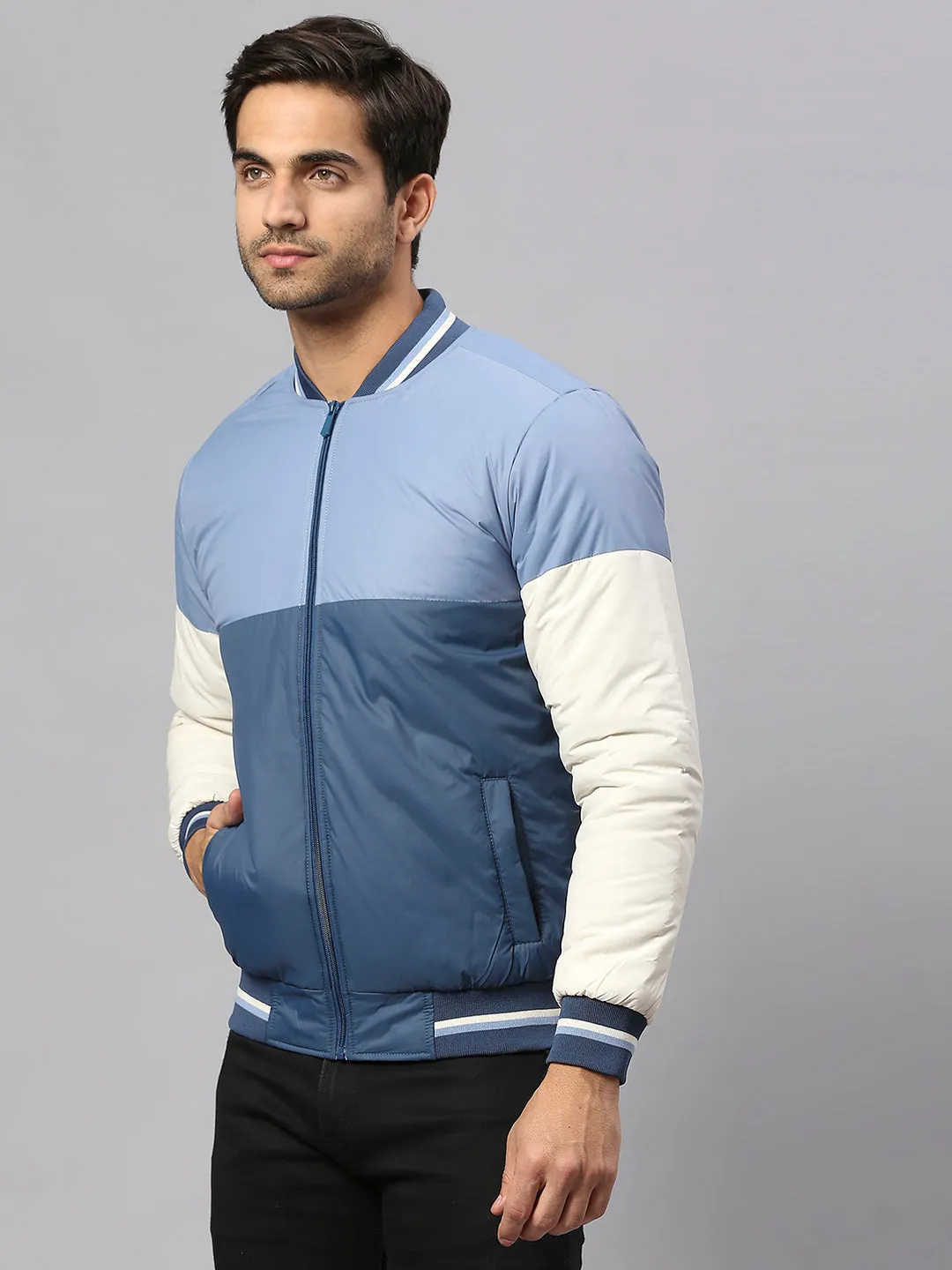 Men's Blue Regular Fit Winterwear Bomber Jacket