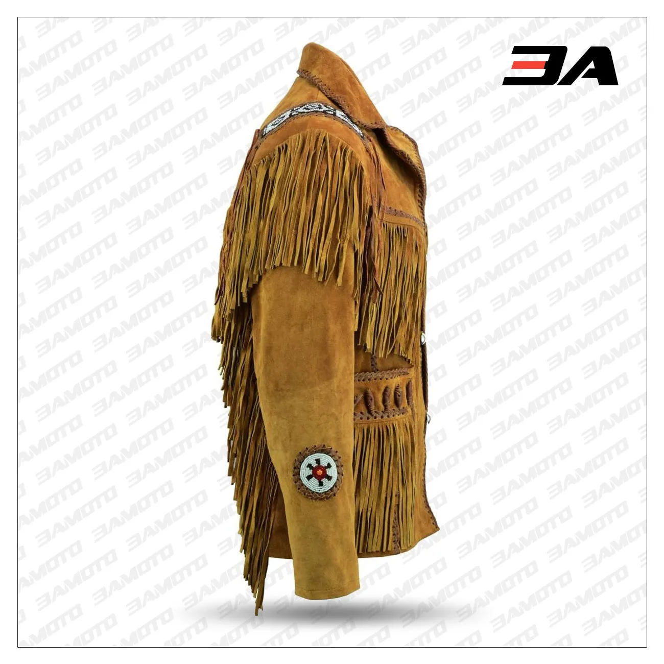 Mens Brown Classic Western Suede Leather Jacket With Beads Fringes Indians