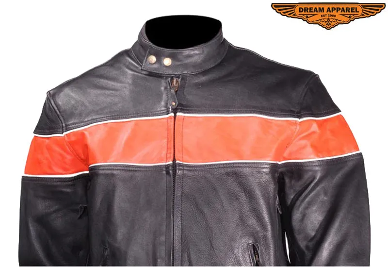 Mens Leather Jacket With One Orange Stripe