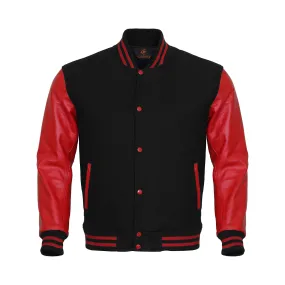 Mens Letterman Jacket Black Body and Red Leather Sleeves Varsity Jacket