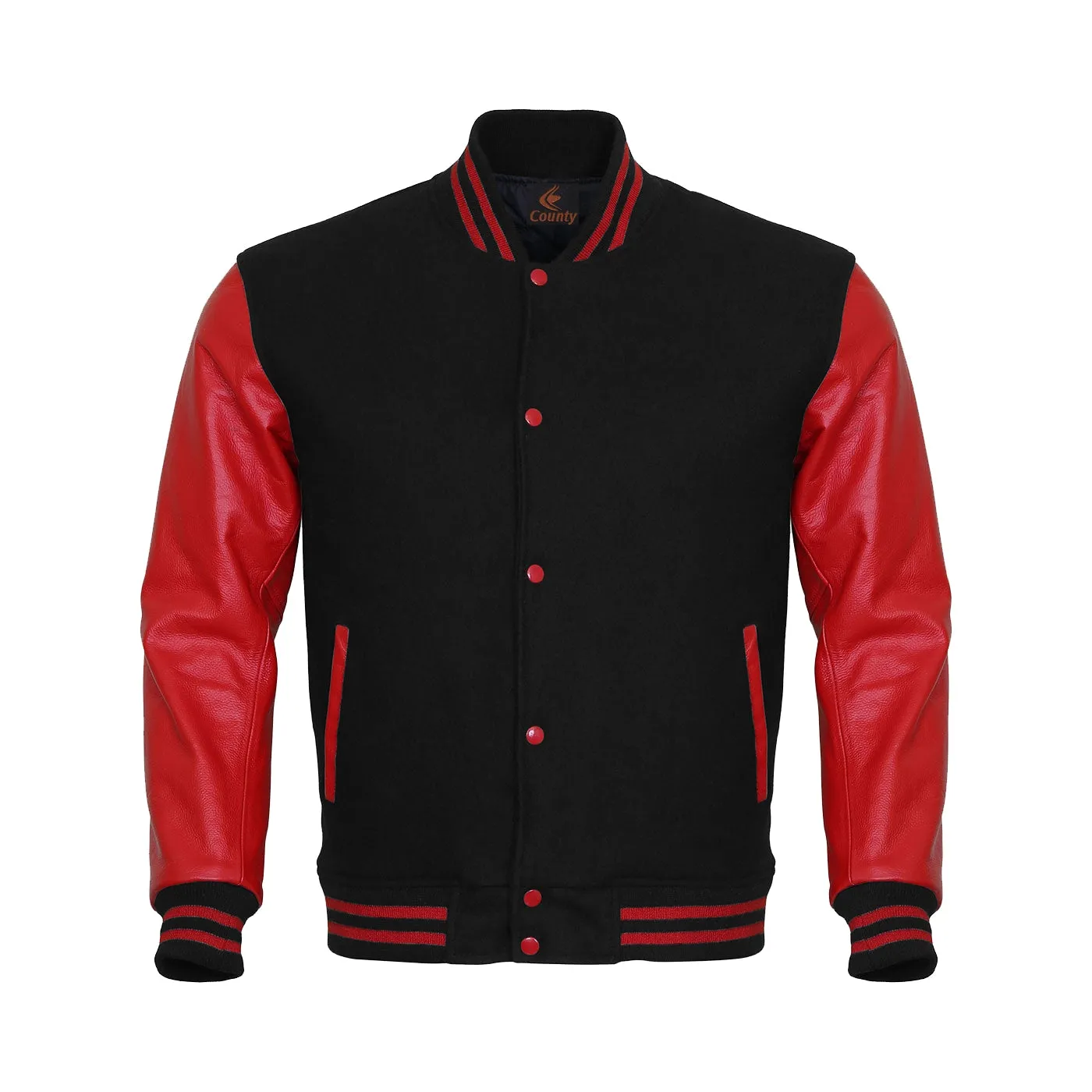 Mens Letterman Jacket Black Body and Red Leather Sleeves Varsity Jacket