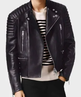 Men's Padded Shoulders Asymmetrical Black Bikers Padded Jacket