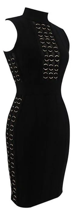 Metal Ring Embellished Bodycon Bandage Mini Dress, Black