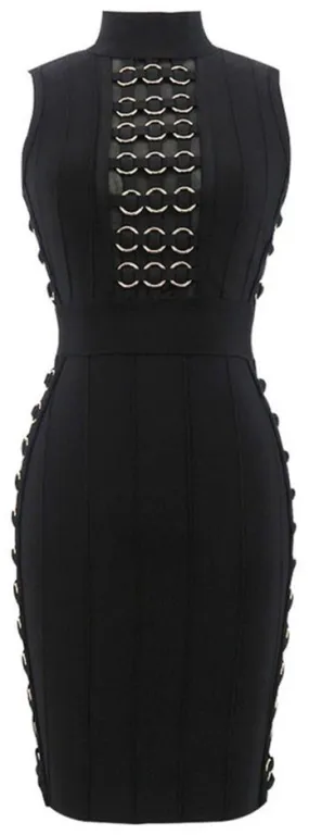 Metal Ring Embellished Bodycon Bandage Mini Dress, Black