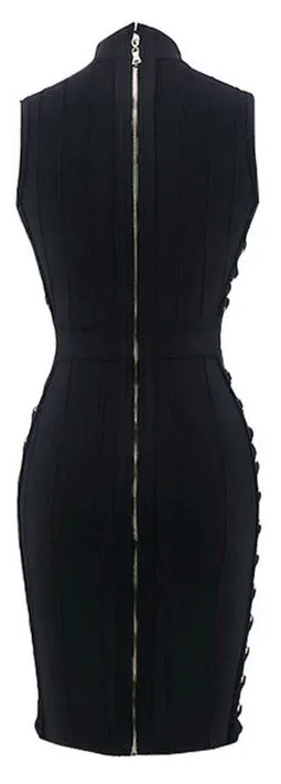 Metal Ring Embellished Bodycon Bandage Mini Dress, Black