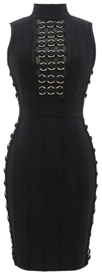 Metal Ring Embellished Bodycon Bandage Mini Dress, Black