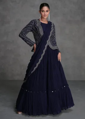 Navy Blue Crop Top Style Designer Indo Western Lehenga