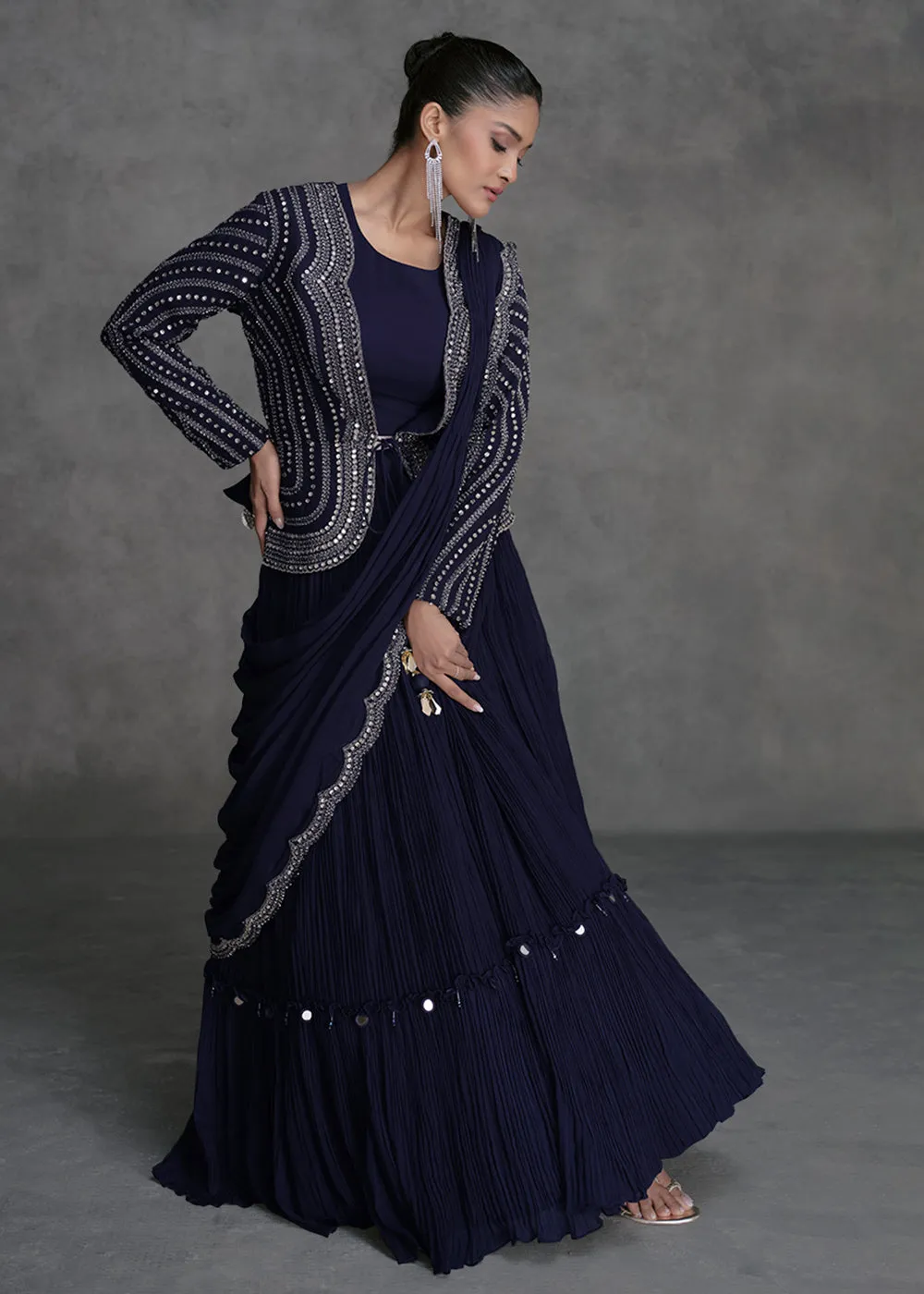 Navy Blue Crop Top Style Designer Indo Western Lehenga