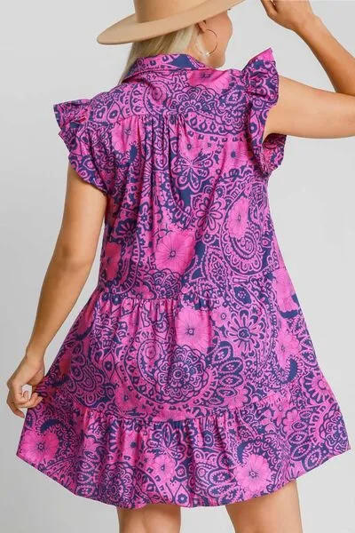 Navy/Pink Printed Ruffle Cap Sleeve Babydoll Dress