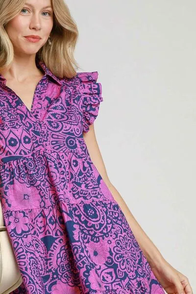 Navy/Pink Printed Ruffle Cap Sleeve Babydoll Dress