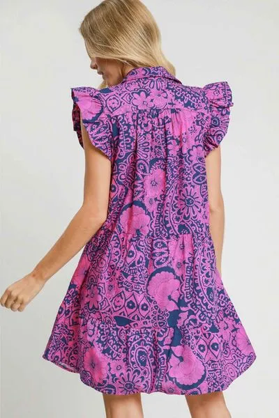 Navy/Pink Printed Ruffle Cap Sleeve Babydoll Dress