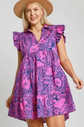 Navy/Pink Printed Ruffle Cap Sleeve Babydoll Dress