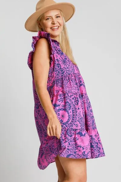 Navy/Pink Printed Ruffle Cap Sleeve Babydoll Dress