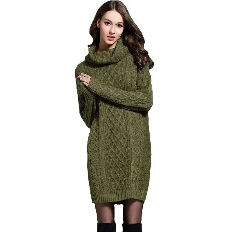 New Autumn Winter Solid Knitted Oversized Mini Turtleneck Sweater Dress