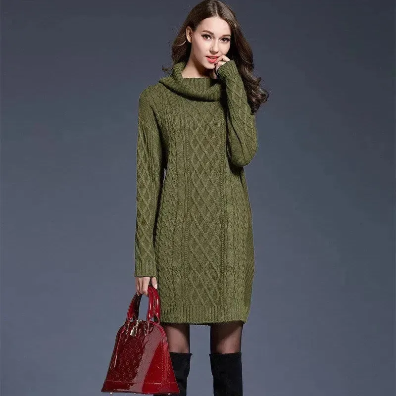 New Autumn Winter Solid Knitted Oversized Mini Turtleneck Sweater Dress