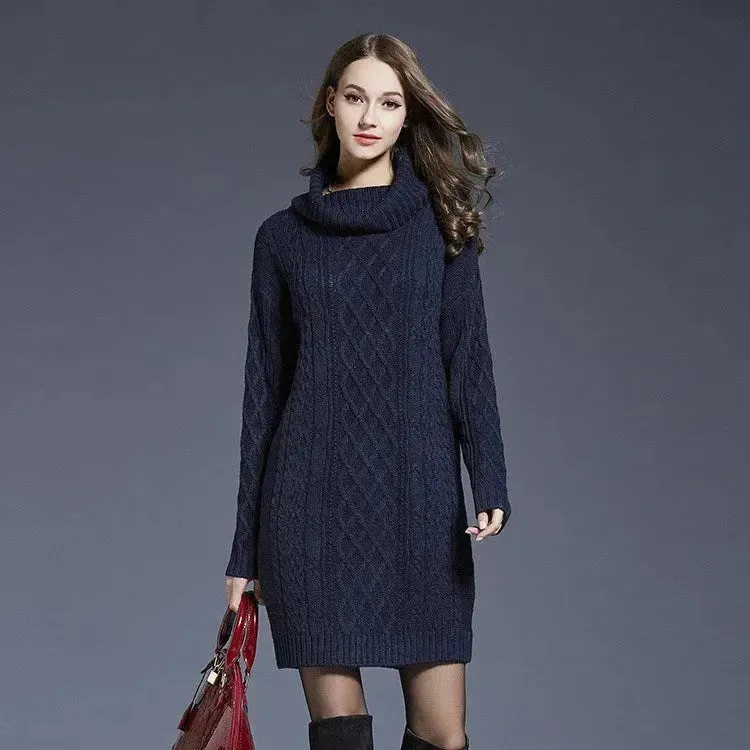 New Autumn Winter Solid Knitted Oversized Mini Turtleneck Sweater Dress