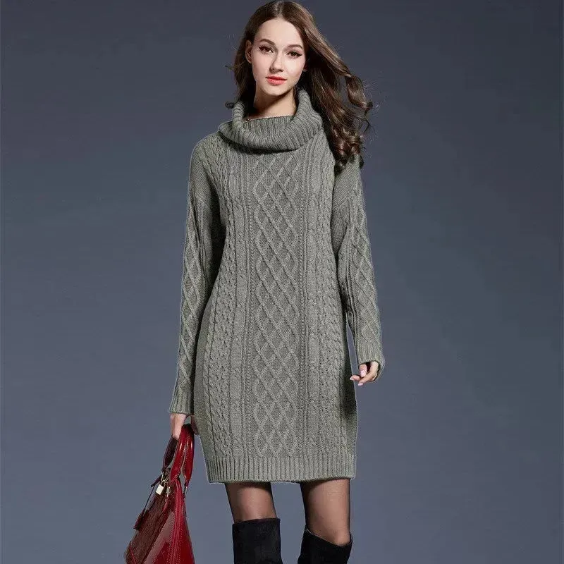 New Autumn Winter Solid Knitted Oversized Mini Turtleneck Sweater Dress