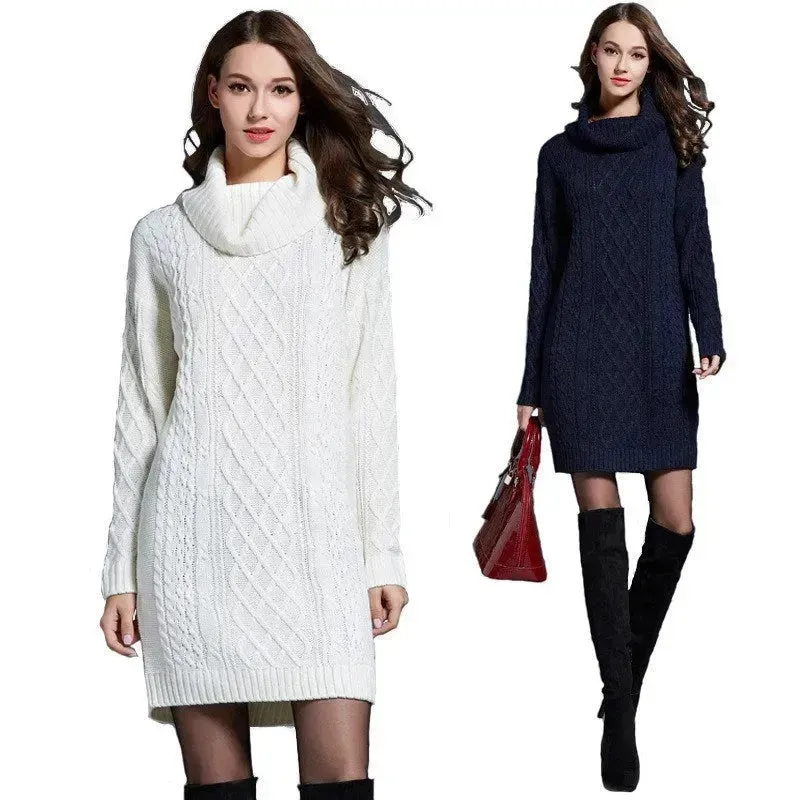 New Autumn Winter Solid Knitted Oversized Mini Turtleneck Sweater Dress