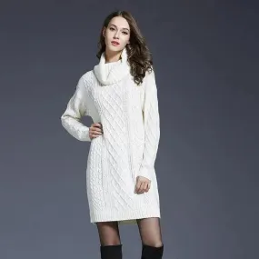 New Autumn Winter Solid Knitted Oversized Mini Turtleneck Sweater Dress