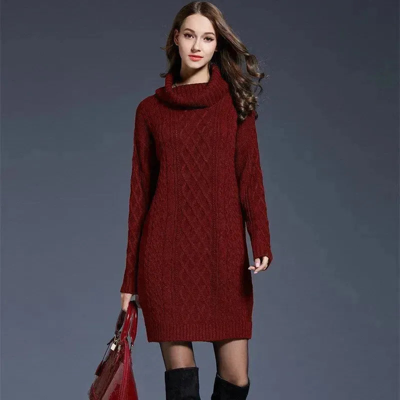 New Autumn Winter Solid Knitted Oversized Mini Turtleneck Sweater Dress