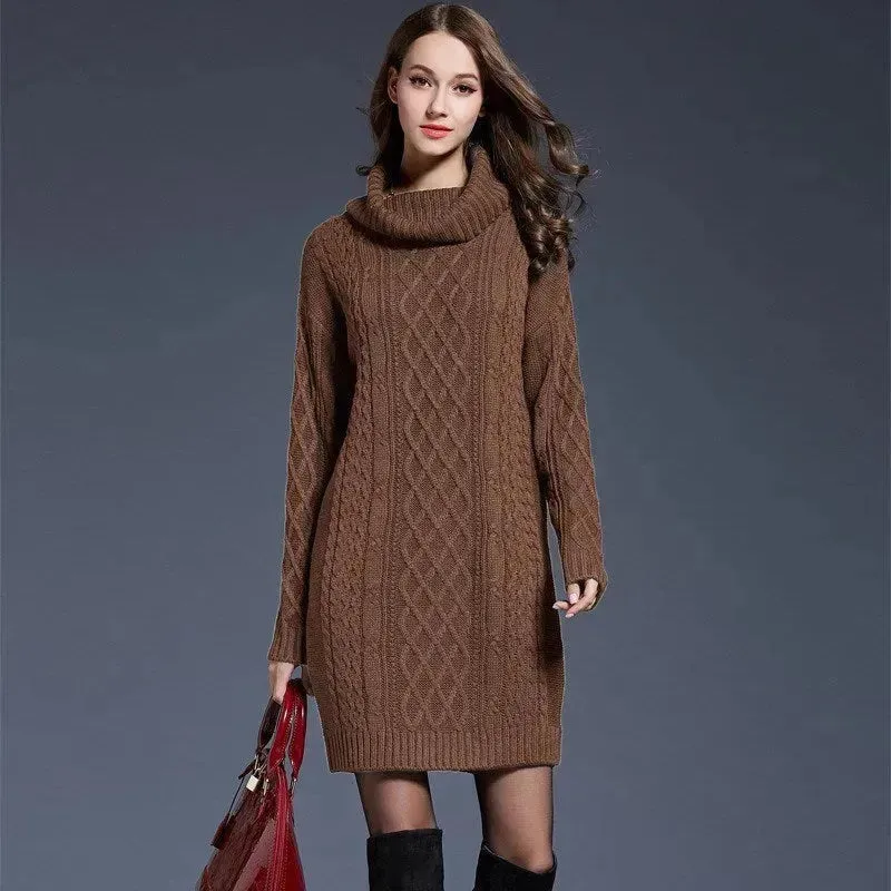 New Autumn Winter Solid Knitted Oversized Mini Turtleneck Sweater Dress