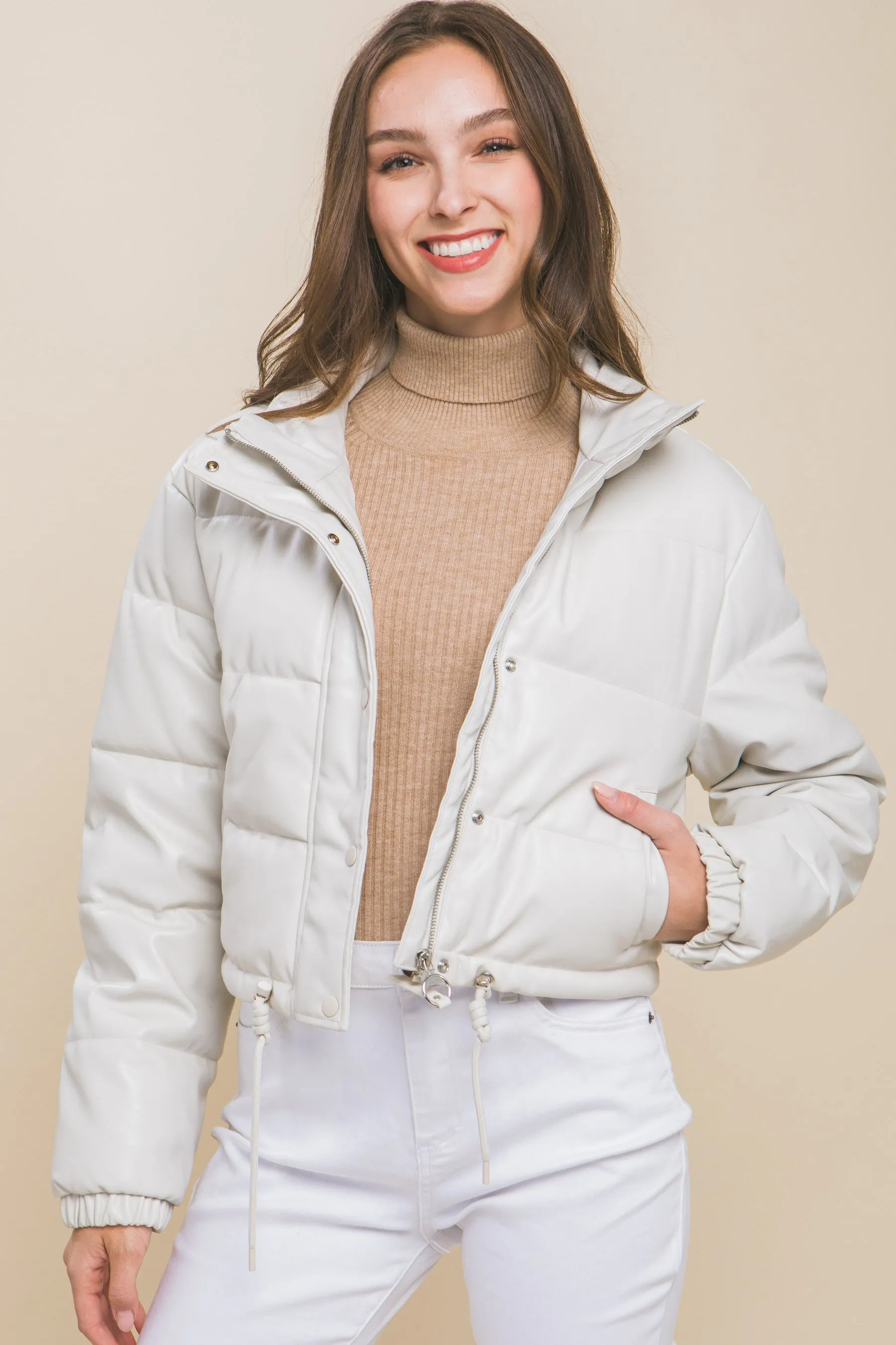 Off White PU Faux Leather Puffer Jacket With Snap Closure