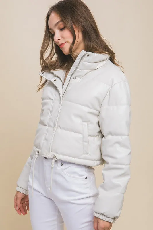 Off White PU Faux Leather Puffer Jacket With Snap Closure