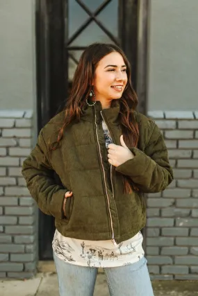 Olive Corduroy Puffer Jacket