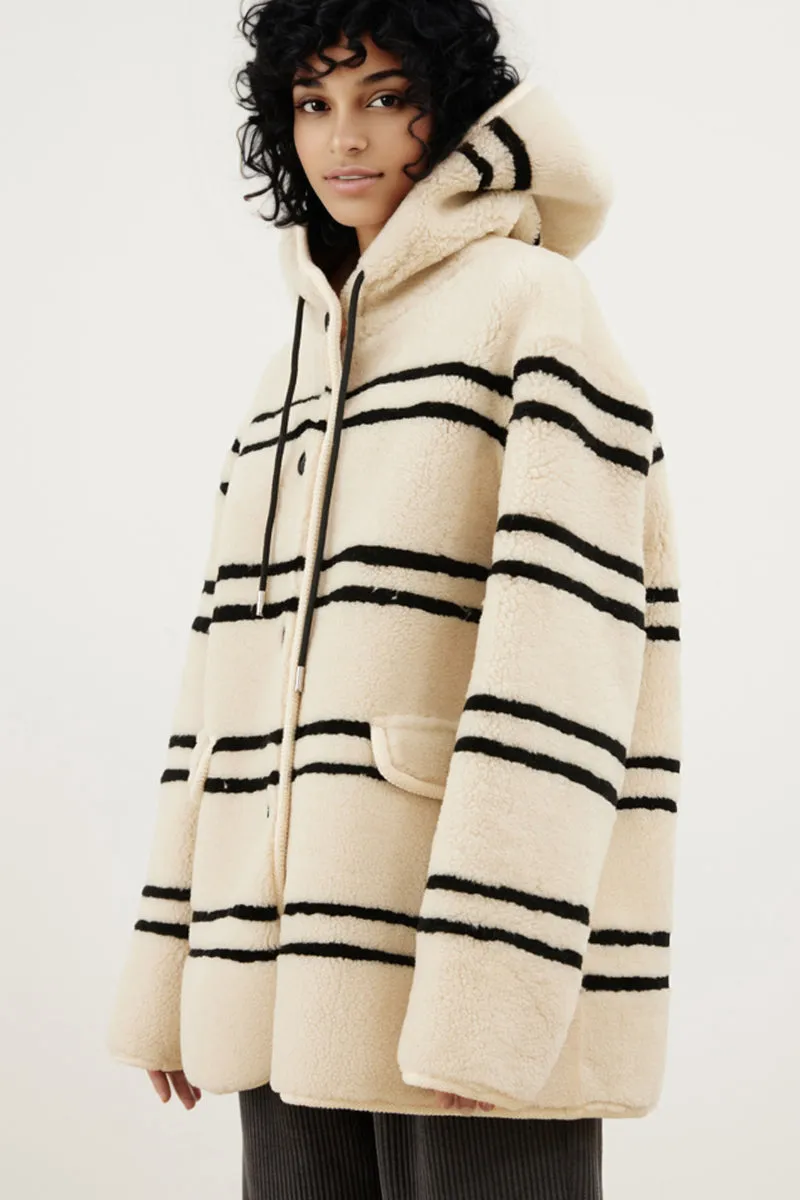 Oversized Striped Merino Sheepskin Shearling Coat with Hood