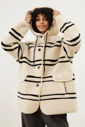 Oversized Striped Merino Sheepskin Shearling Coat with Hood