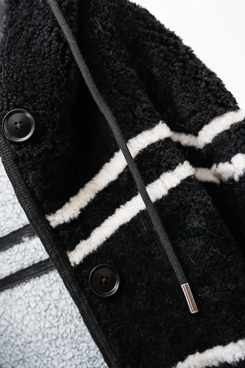 Oversized Striped Merino Sheepskin Shearling Coat with Hood