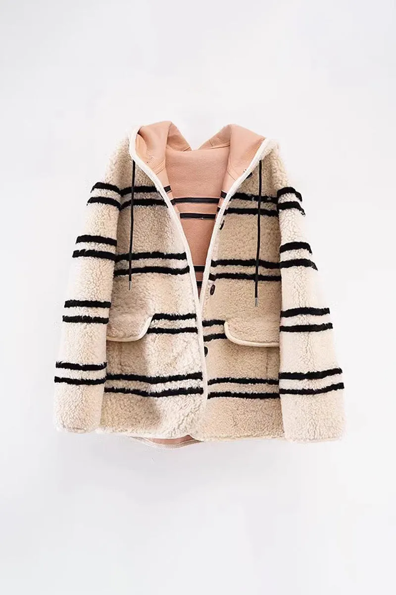 Oversized Striped Merino Sheepskin Shearling Coat with Hood