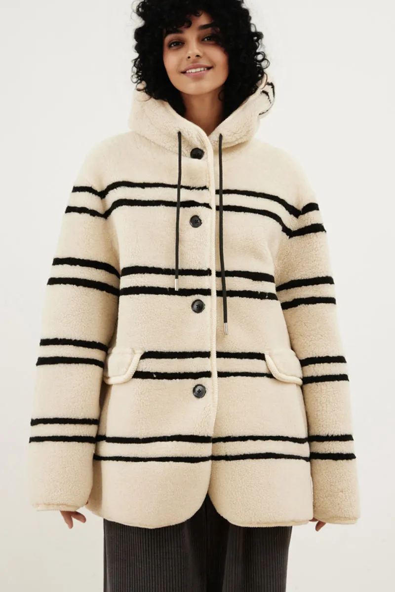 Oversized Striped Merino Sheepskin Shearling Coat with Hood