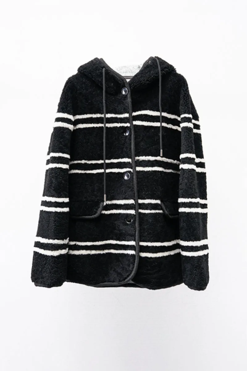 Oversized Striped Merino Sheepskin Shearling Coat with Hood