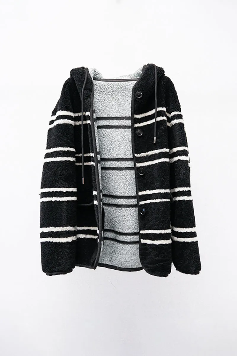 Oversized Striped Merino Sheepskin Shearling Coat with Hood