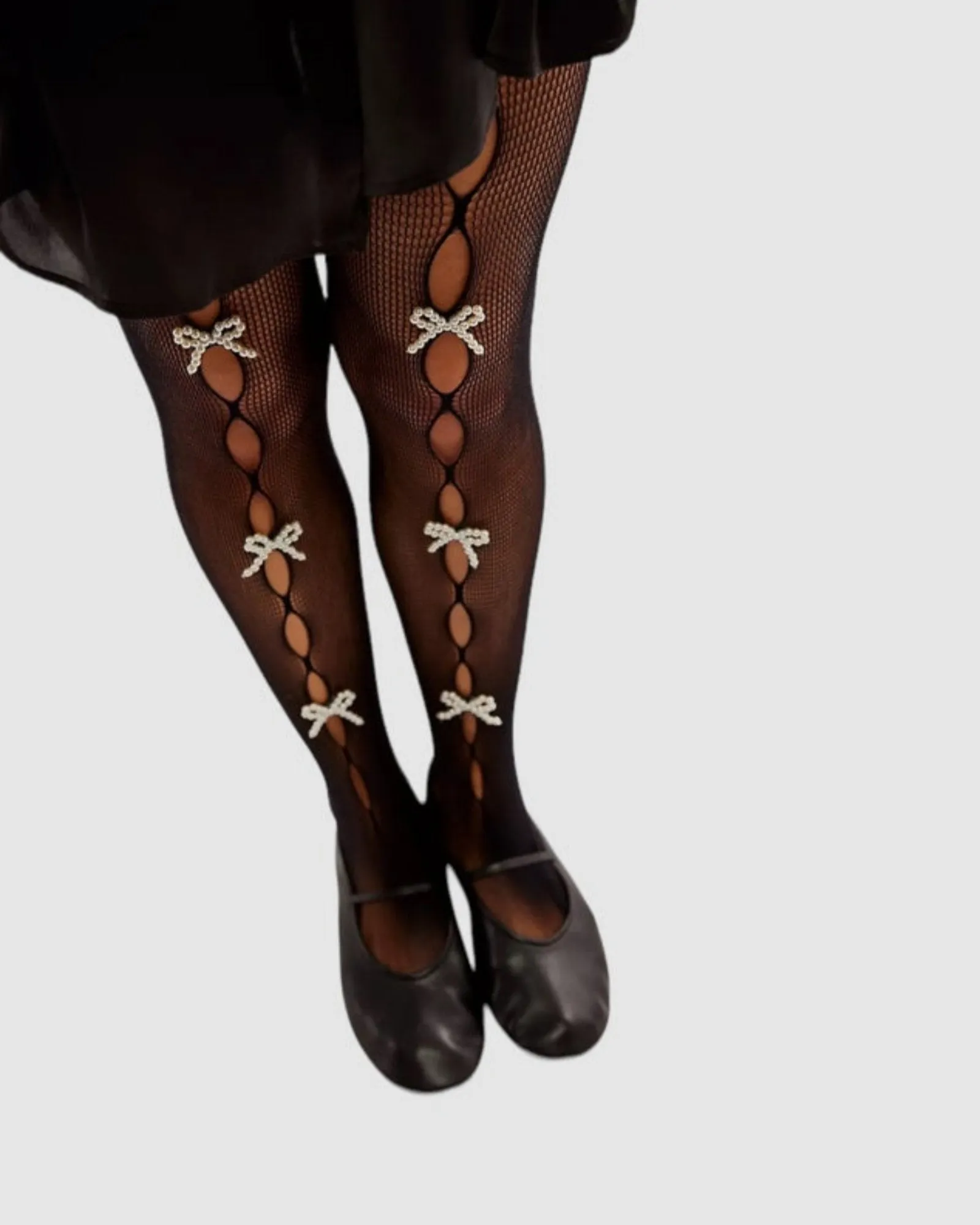 Pearl Bow Peek A Bow Tights - Black