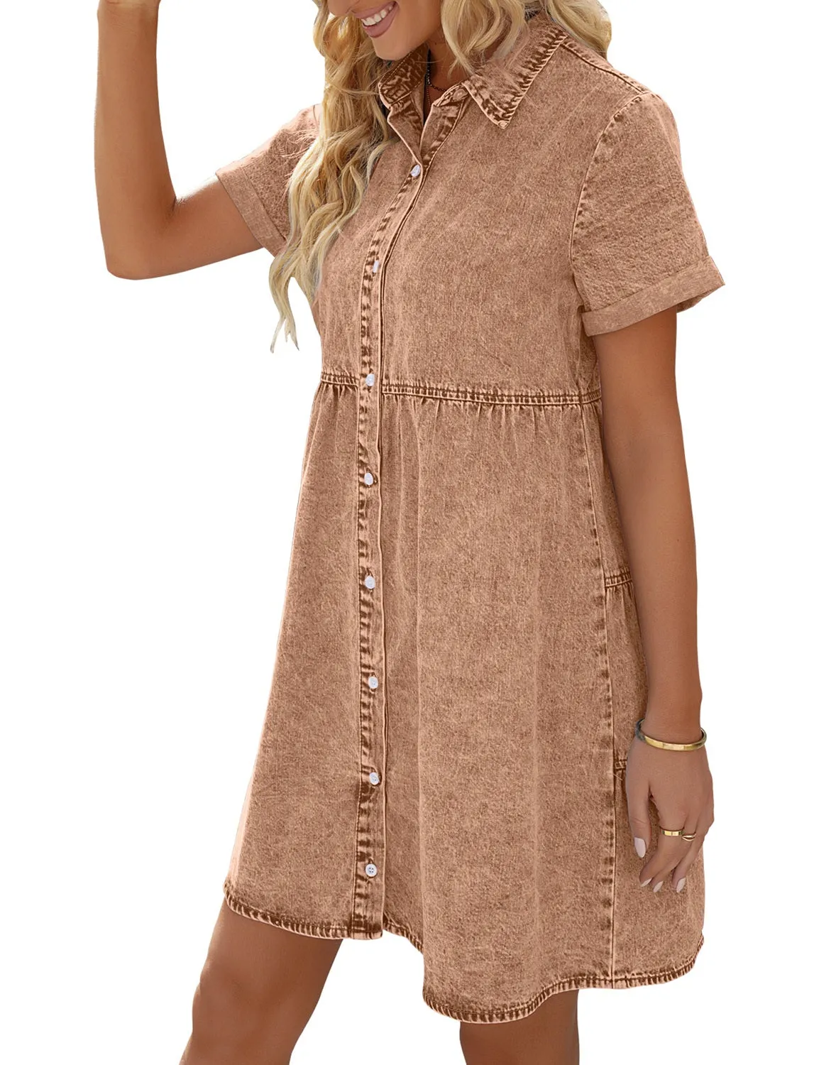 Pecan Brown Women's Short Sleeve Button Down Flowy Tiered Babydoll Denim Dress