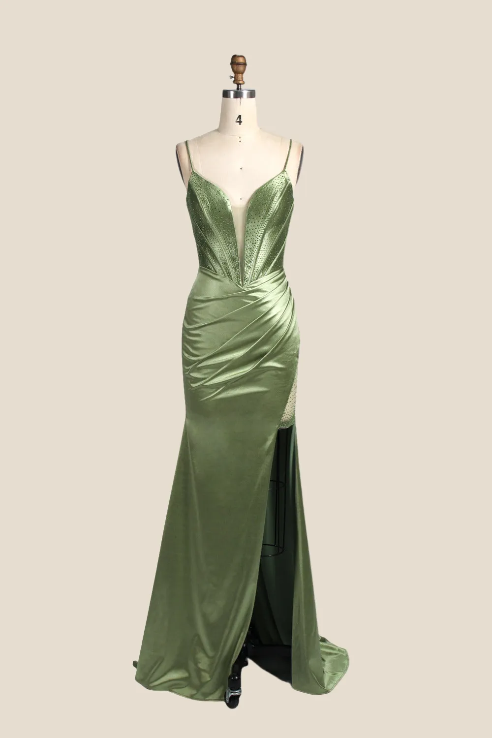 Plunge Neck Sage Beaded Long Dress with Slit