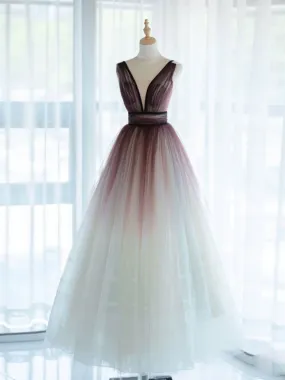 Plunge V Neck Tulle Romantic Formal Dress Ombre Prom Dress