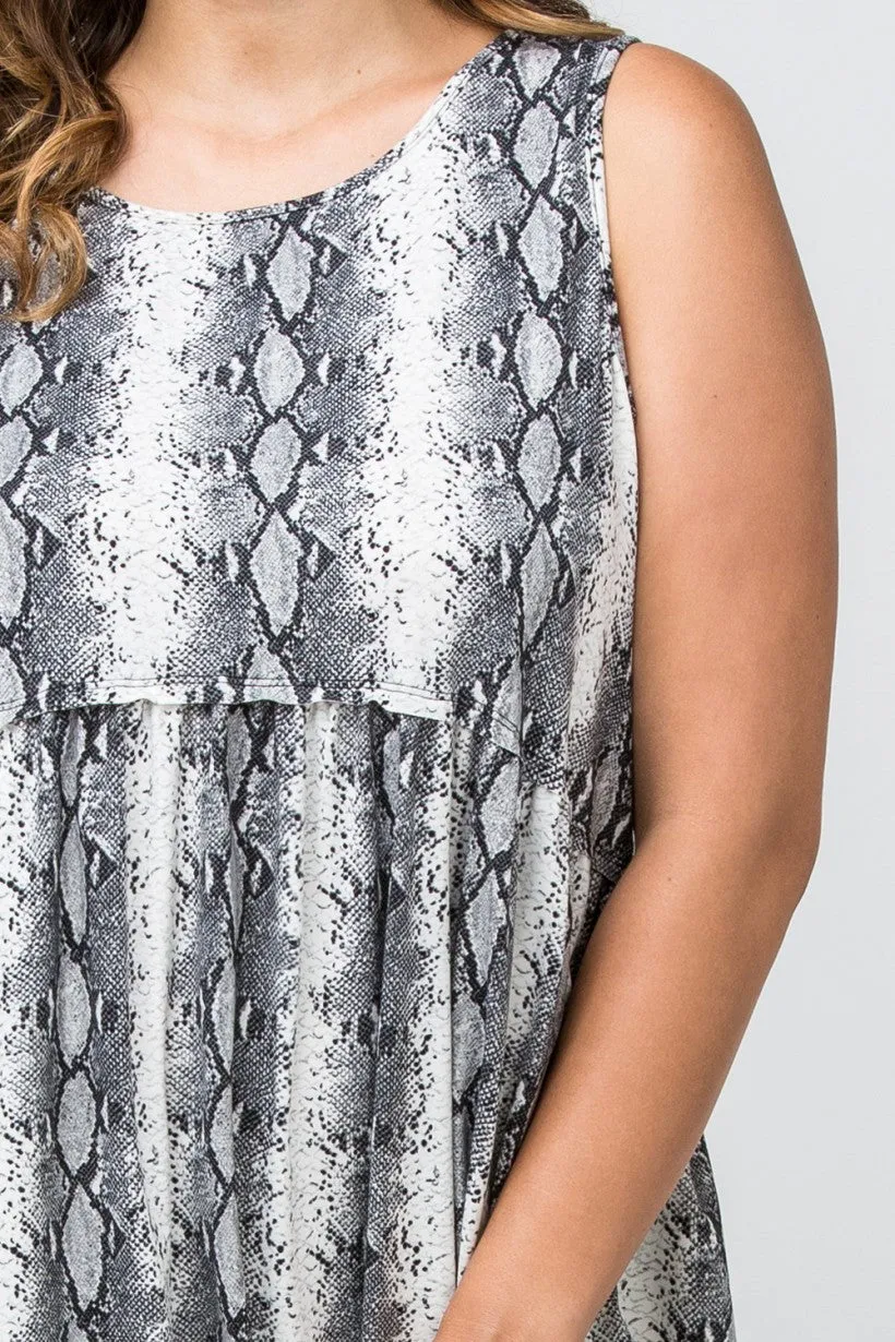 PLUS GREY REPTILE PRINTED TANK DRESS