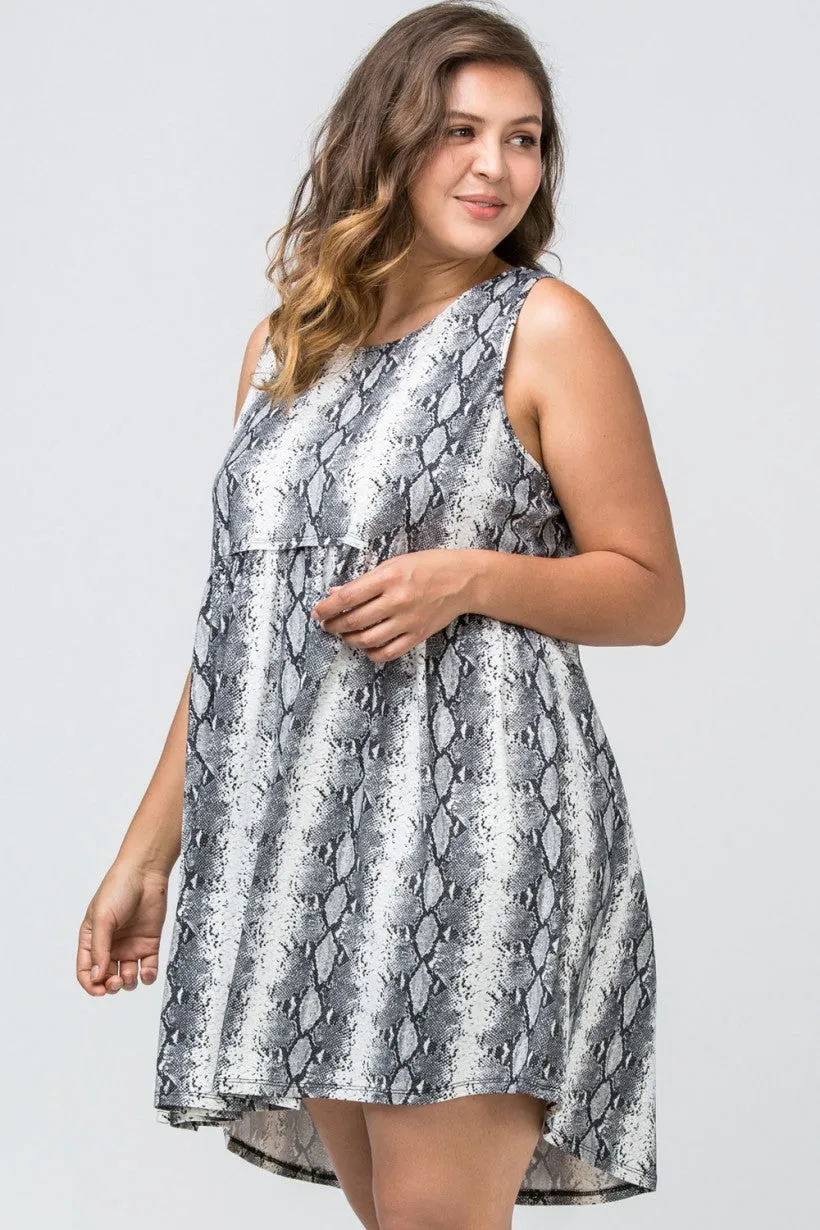 PLUS GREY REPTILE PRINTED TANK DRESS