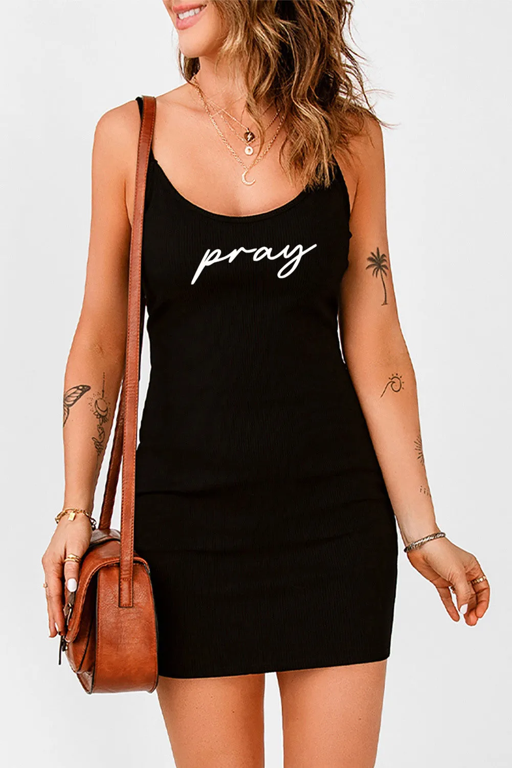 Pray Spaghetti Straps Tight Fit Bodycon Mini Dress