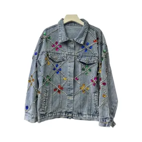 Pre Order: Nail Bead Inlaid Diamond Loose Denim Jacket