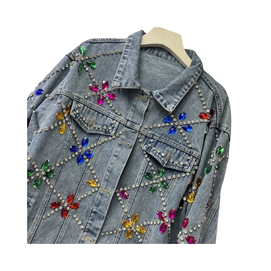 Pre Order: Nail Bead Inlaid Diamond Loose Denim Jacket